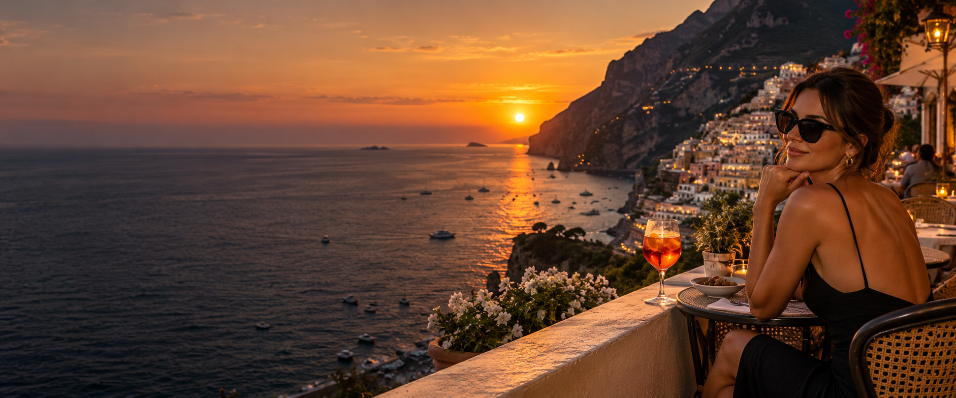 Positano terrace overlooking the Mediterranean at sunset